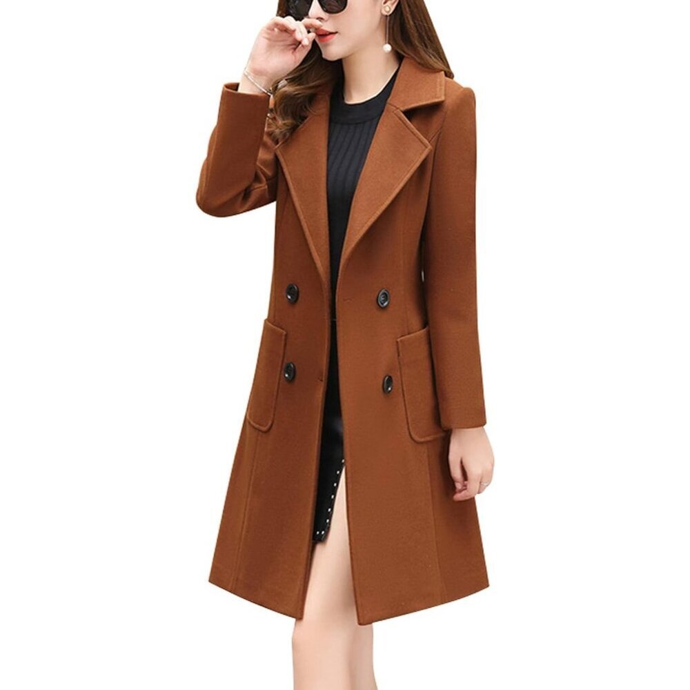 Women's Brown Elegant Notched Collar Double Breasted Wool Blend Over Coat